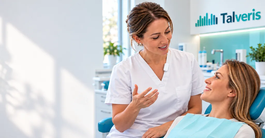 Zahnärztin mit weißem Ansteckmikrofon im Gespräch mit einer Patientin
