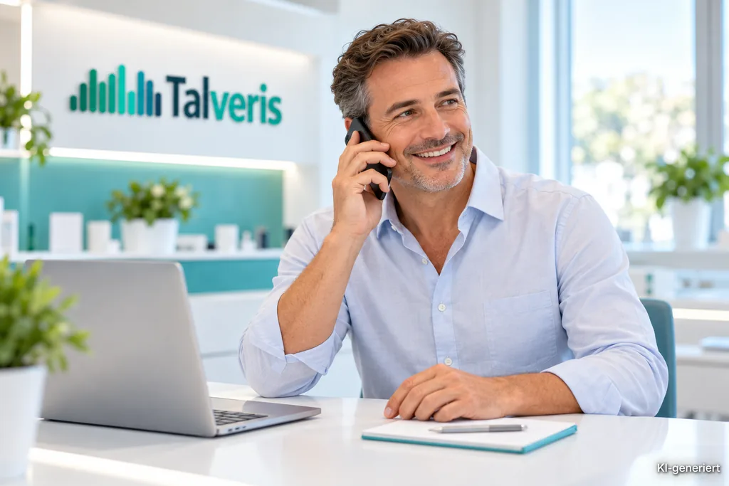 Freundlicher Mann in heller Business-Casual-Kleidung telefoniert an einem Schreibtisch in einer hellen Zahnarztpraxis mit Talveris-Wandschild im Hintergrund