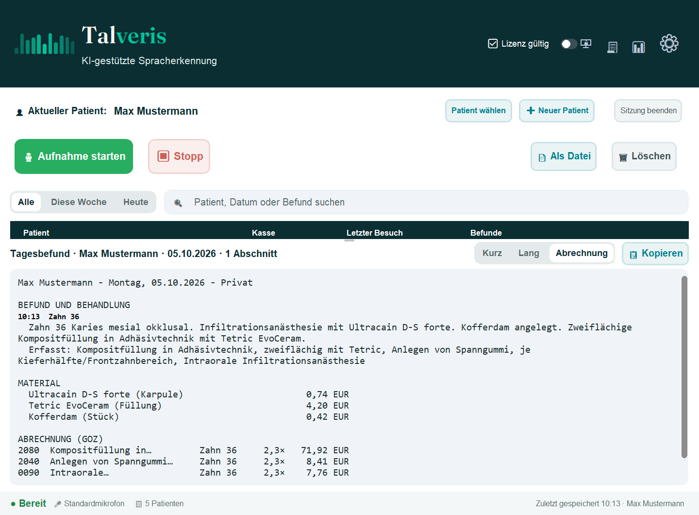 Talveris: diktierter Befund mit Material und GOZ-Positionen (Testpatient)