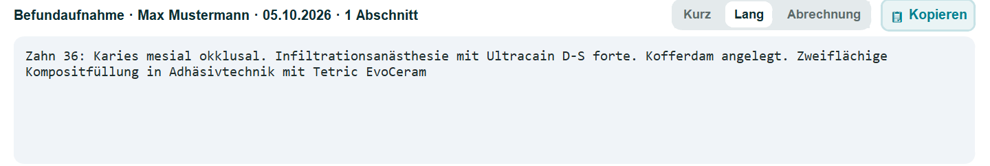 Talveris: fertiger Befundtext eines Testpatienten mit Kopieren-Knopf
